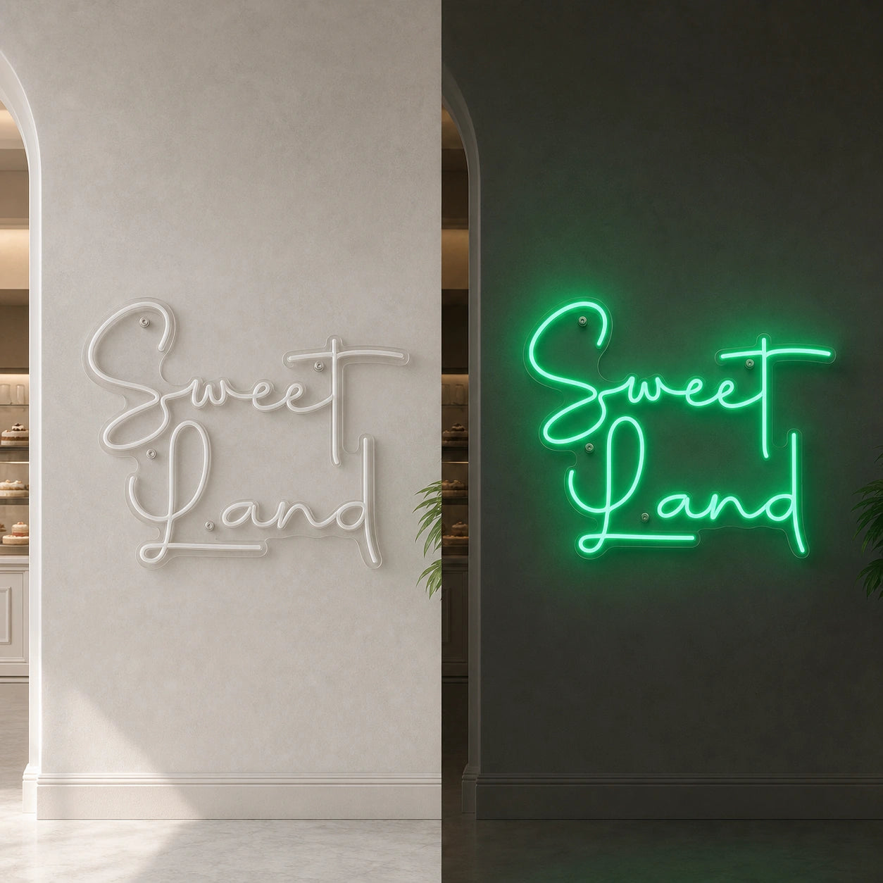 Sweet Land LED Neon Sign Garage Man Cave Neon Sign day and night comparison