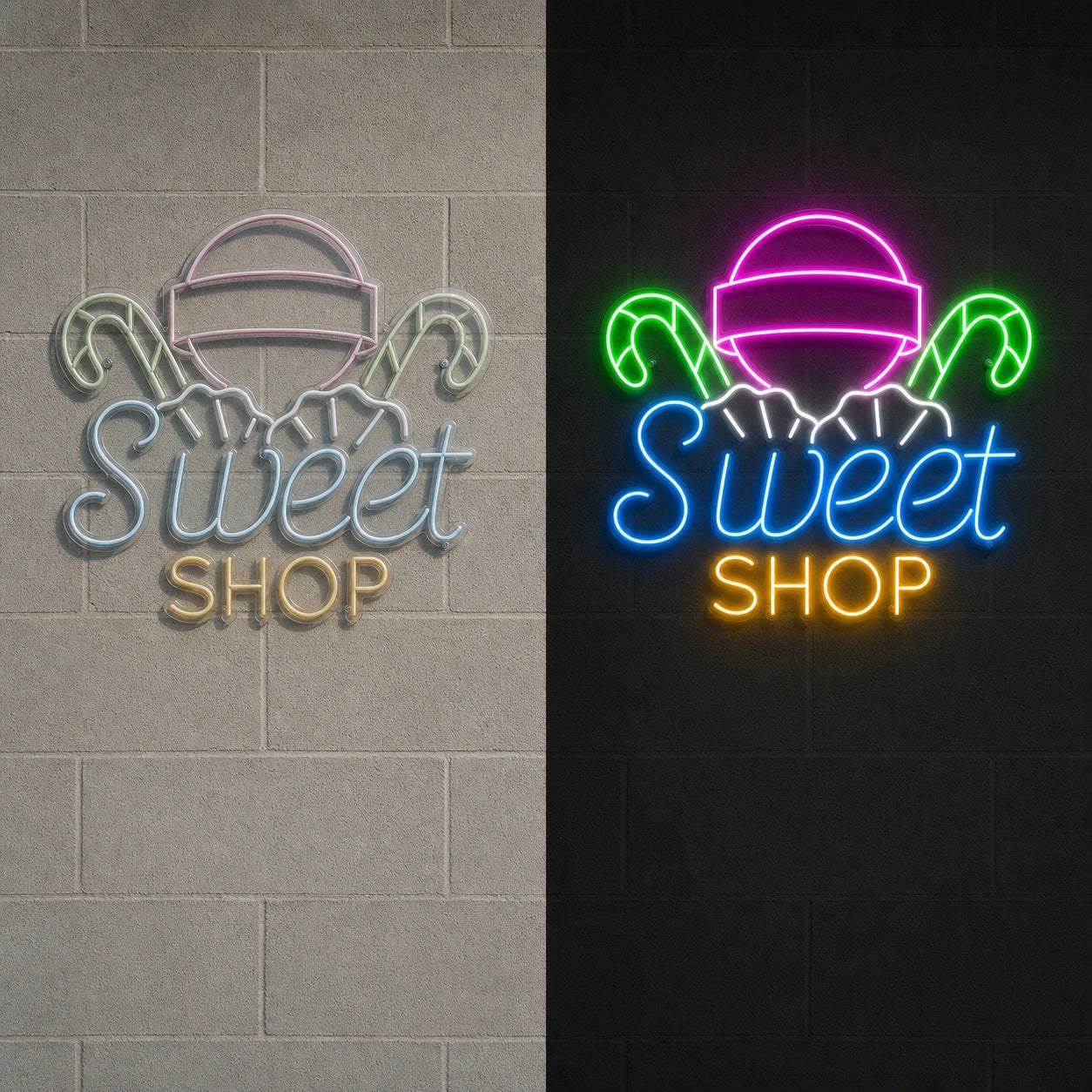 Sweet Shop LED Neon Sign Garage Man Cave Neon Sign day and night comparison
