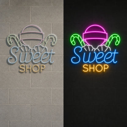 Sweet Shop LED Neon Sign Garage Man Cave Neon Sign day and night comparison