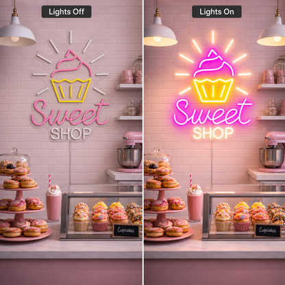 Sweet Shop LED Neon Sign Wall Neon Sign - 06 Day Night Comparison