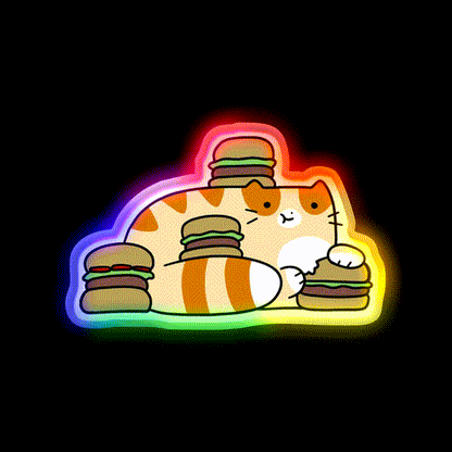 Tabby Cat Eating Burgers Fast Food Led Neon Sign For Burger Place Rgb Color