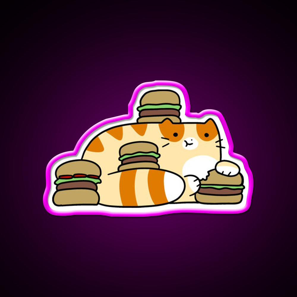 Tabby Cat Eating Burgers Fast Food Led Neon Sign For Burger Place Rgb Color