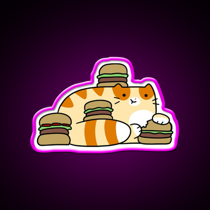 Tabby Cat Eating Burgers Fast Food Led Neon Sign For Burger Place Rgb Color