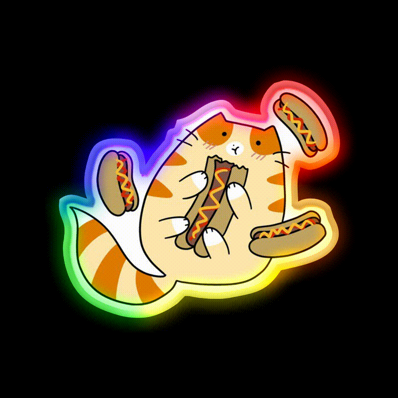 Tabby Cat Eating Hotdogs Fast Food Led Neon Sign For Burger Place Rgb Color