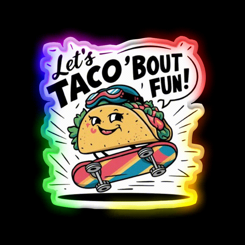 Taco Riding A Skateboard Taco Led Neon Sign Mexican Food Sign Rgb Color - LED neon sign close-up detail