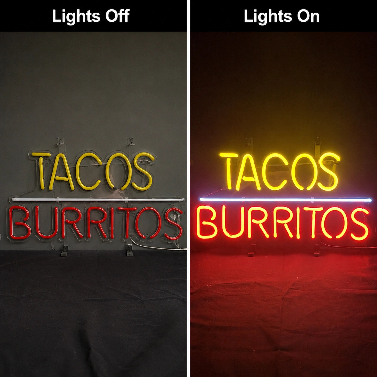 Tacos And Burritos Neon Sign LED Neon Sign day and night comparison