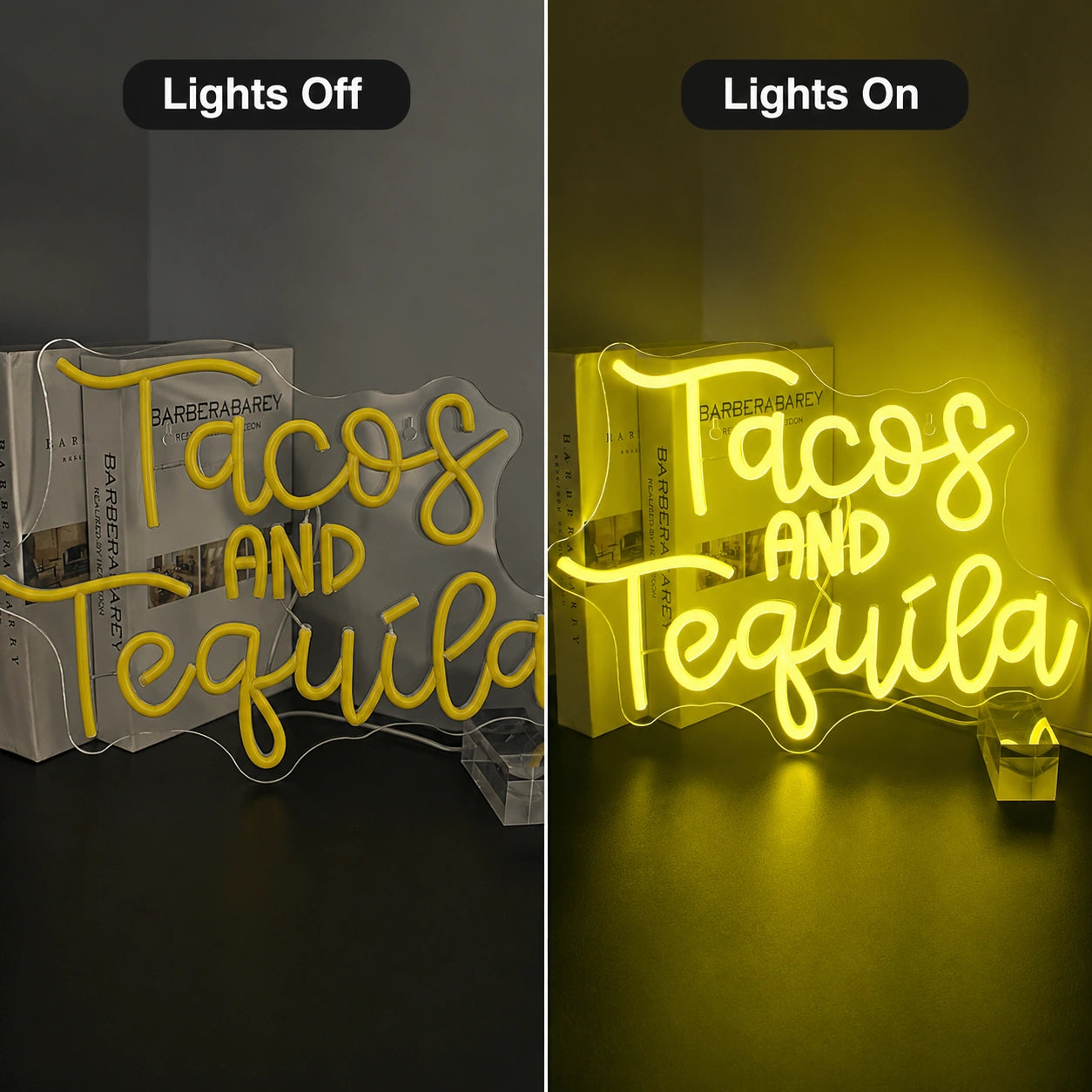 Tacos And Tequila Neon Sign LED Neon Sign day and night comparison