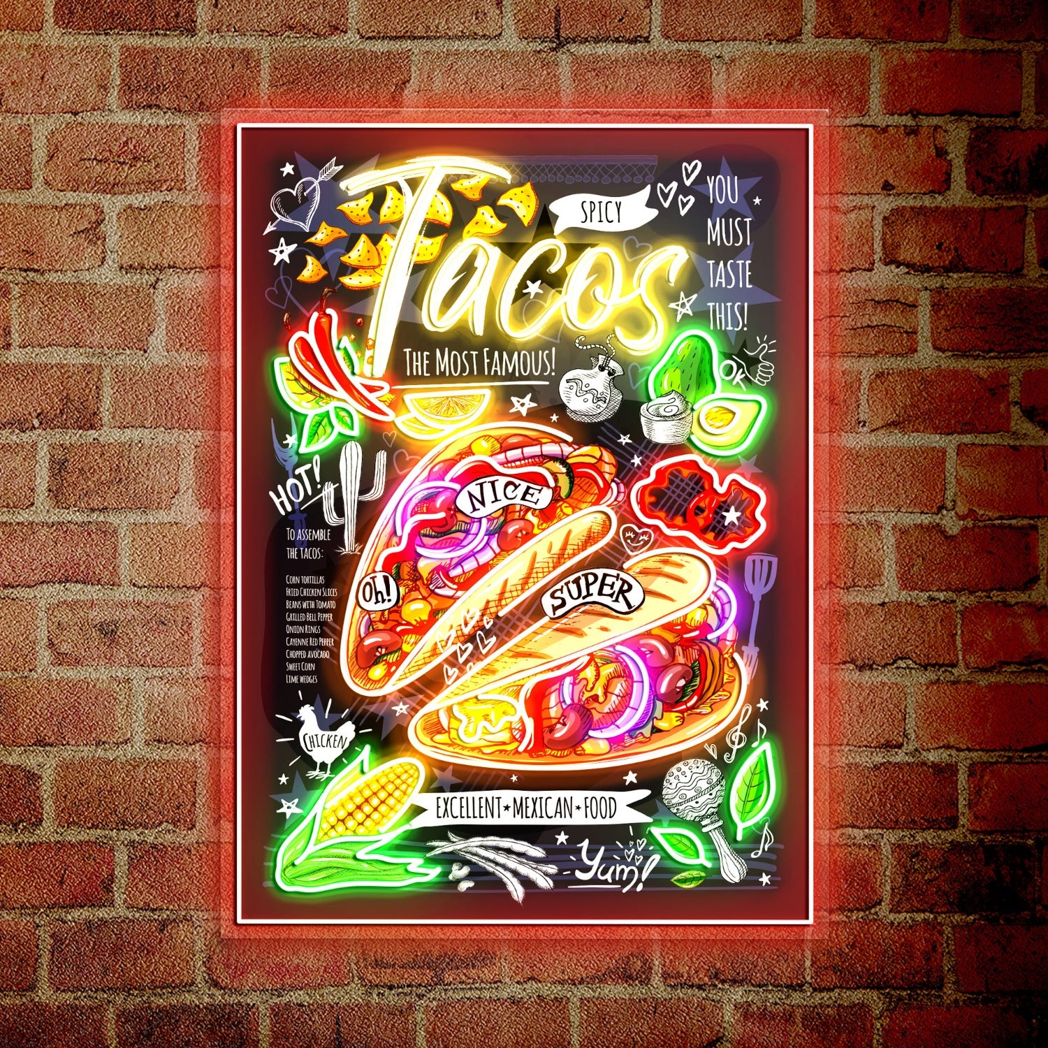 Tacos Poster Mexican Fast Food Menu Acrylic Led Sign | Shineneon