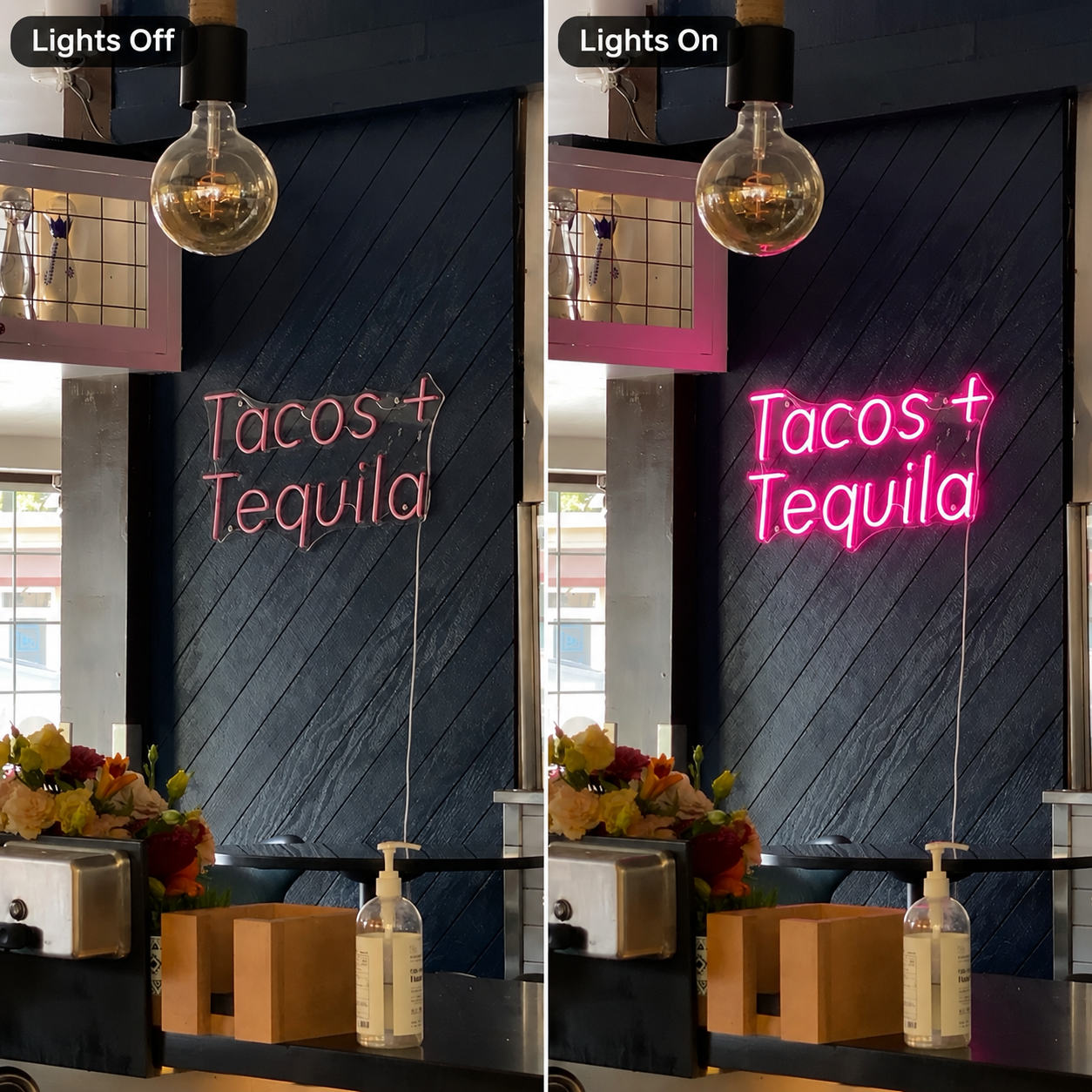 Tacos + Tequila LED Neon Sign - 06 Day Night Comparison