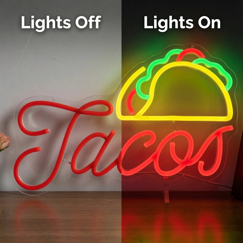 Tacos Wall Decor LED Neon Sign - 06 Day Night Comparison
