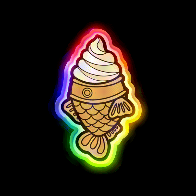 Taiyaki Icecream Fish Pattern On Blue Snack Food Led Neon Sign Rgb Color - LED neon sign close-up detail