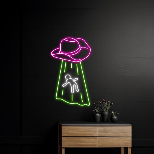 Take Me Away Cowboy Hat Ufo Abduction Neon Light