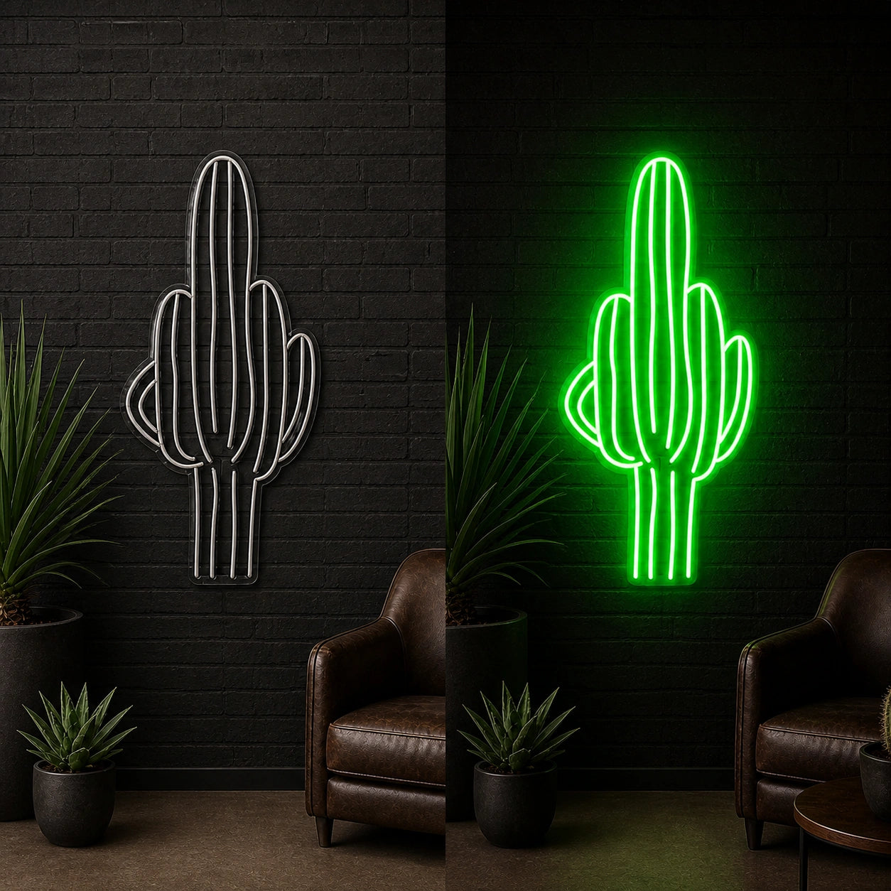 Tall Saguaro Cactus Vintage LED Neon Sign day and night comparison