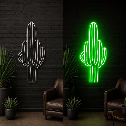 Tall Saguaro Cactus Vintage LED Neon Sign day and night comparison