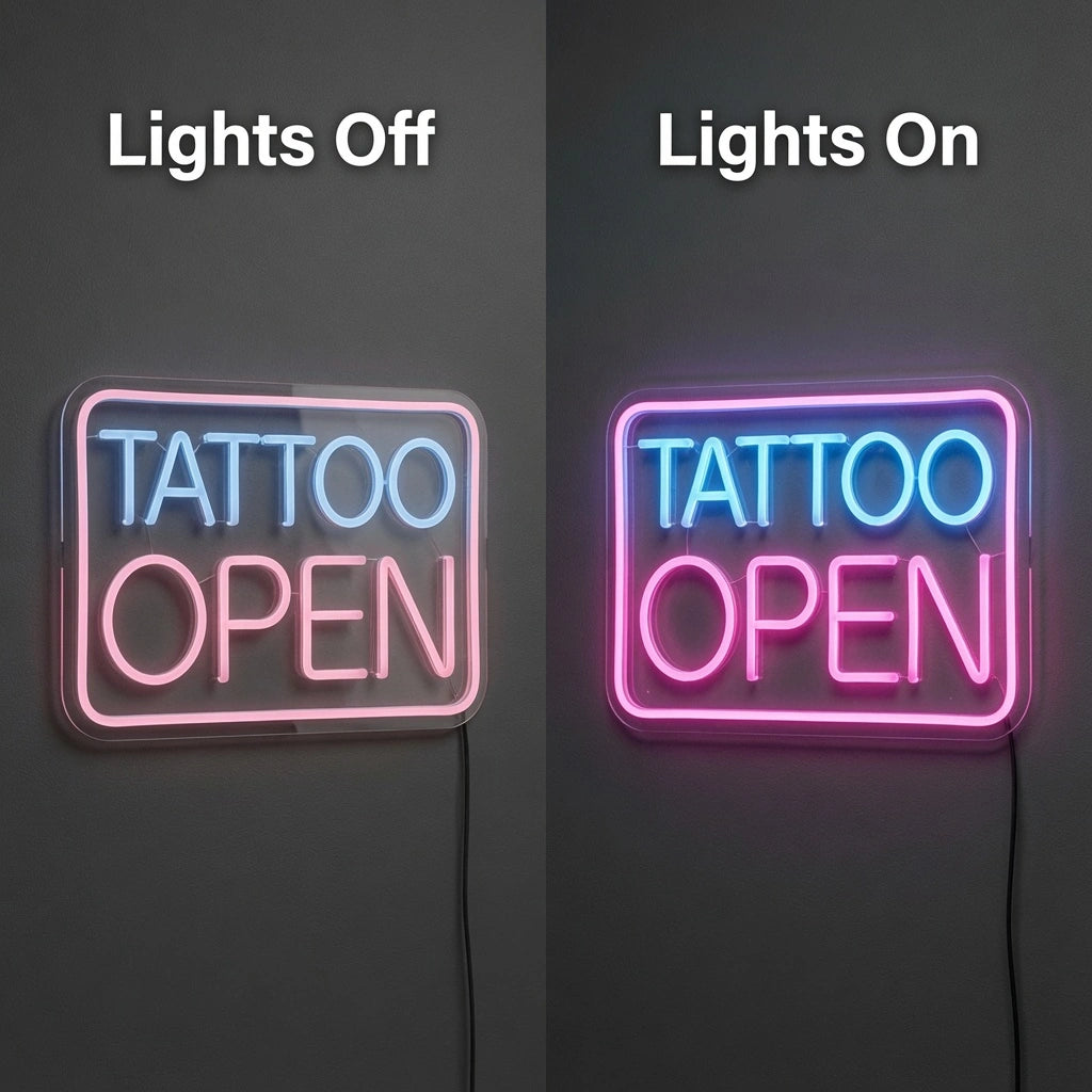 Tattoo Open LED Neon Sign - 06 Day Night Comparison