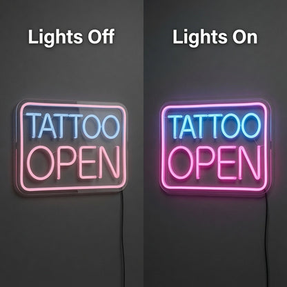 Tattoo Open LED Neon Sign - 06 Day Night Comparison