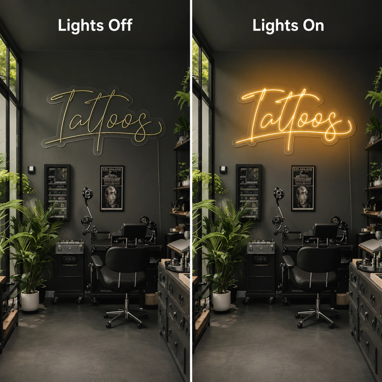 Tattoo Parlor Wall Neon Sign LED Neon Sign day and night comparison