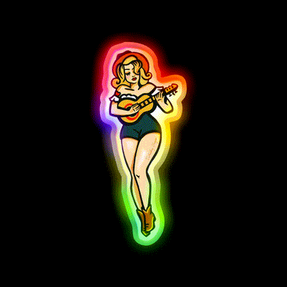 Tattoo Style Pinup Girl Playing Ukulele Whiskey Drink Bar Led Neon Sign Rgb Color