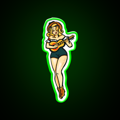 Tattoo Style Pinup Girl Playing Ukulele Whiskey Drink Bar Led Neon Sign Rgb Color