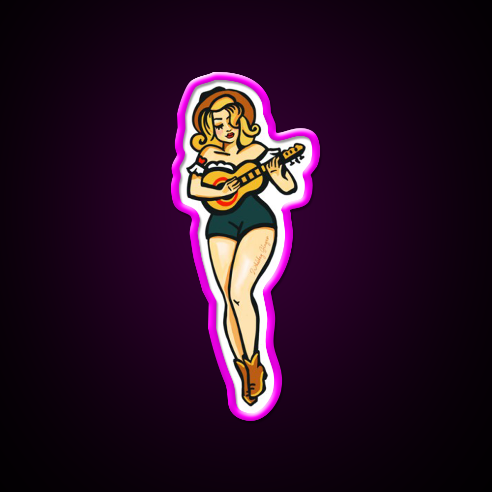 Tattoo Style Pinup Girl Playing Ukulele Whiskey Drink Bar Led Neon Sign Rgb Color