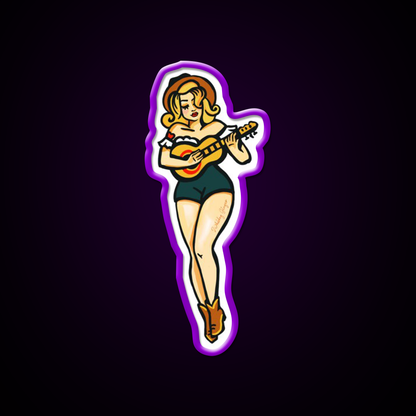 Tattoo Style Pinup Girl Playing Ukulele Whiskey Drink Bar Led Neon Sign Rgb Color