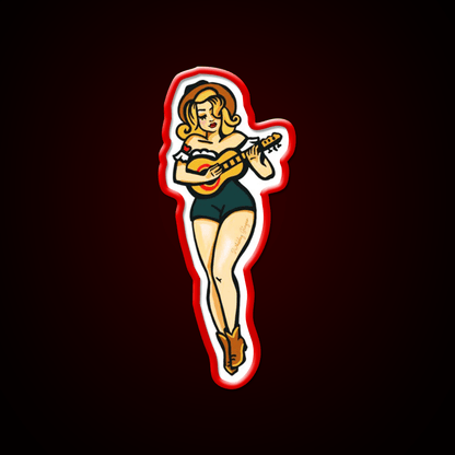 Tattoo Style Pinup Girl Playing Ukulele Whiskey Drink Bar Led Neon Sign Rgb Color - Shineneon