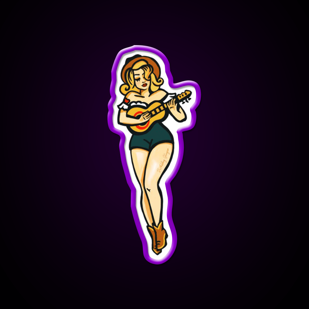 Tattoo Style Pinup Girl Playing Ukulele Whiskey Drink Bar Led Neon Sign Rgb Color - Shineneon