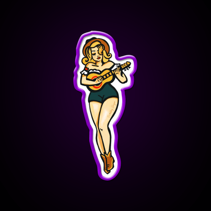 Tattoo Style Pinup Girl Playing Ukulele Whiskey Drink Bar Led Neon Sign Rgb Color - Shineneon