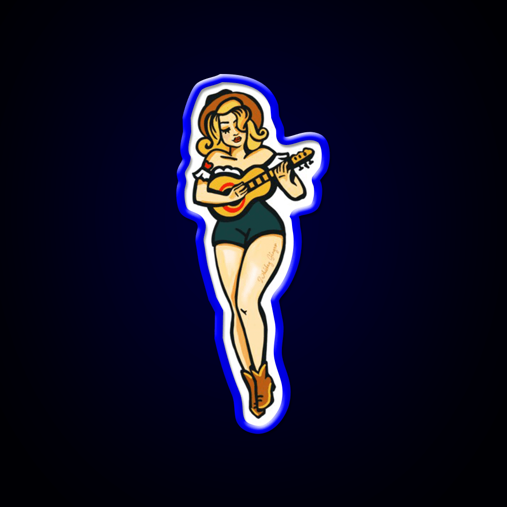 Tattoo Style Pinup Girl Playing Ukulele Whiskey Drink Bar Led Neon Sign Rgb Color - Shineneon