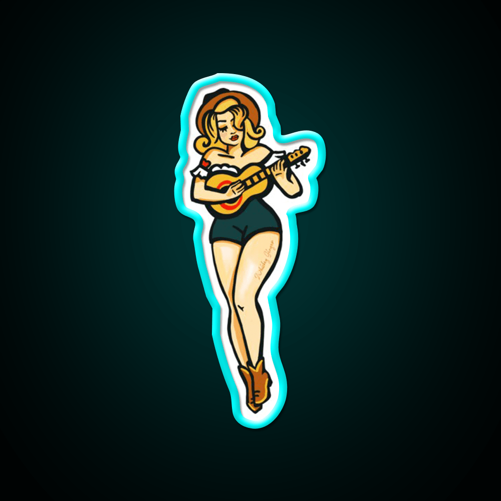 Tattoo Style Pinup Girl Playing Ukulele Whiskey Drink Bar Led Neon Sign Rgb Color - Shineneon