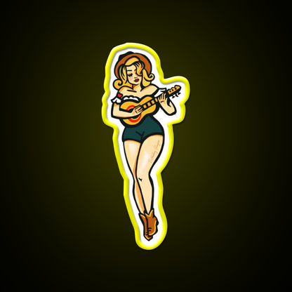 Tattoo Style Pinup Girl Playing Ukulele Whiskey Drink Bar Led Neon Sign Rgb Color