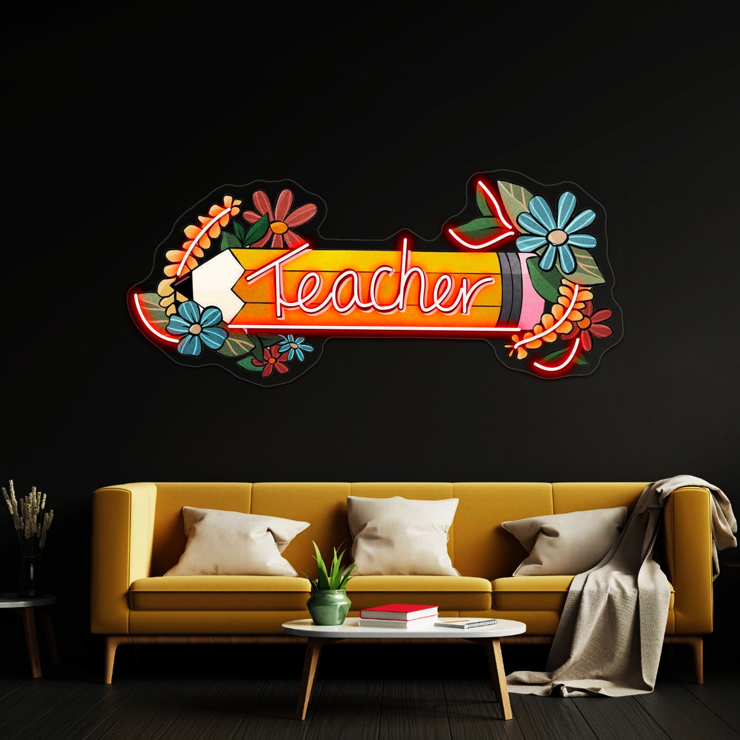 Teacher Floral Pencil Neon Sign Artwork For Wedding Signs