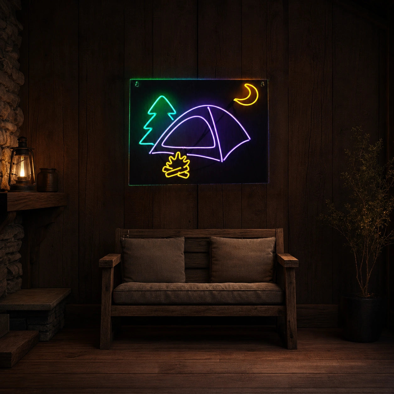 Tent Campfire LED Neon Sign Garage Man Cave Neon Sign size image