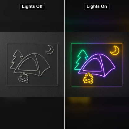 Tent Campfire LED Neon Sign Garage Man Cave Neon Sign day and night comparison