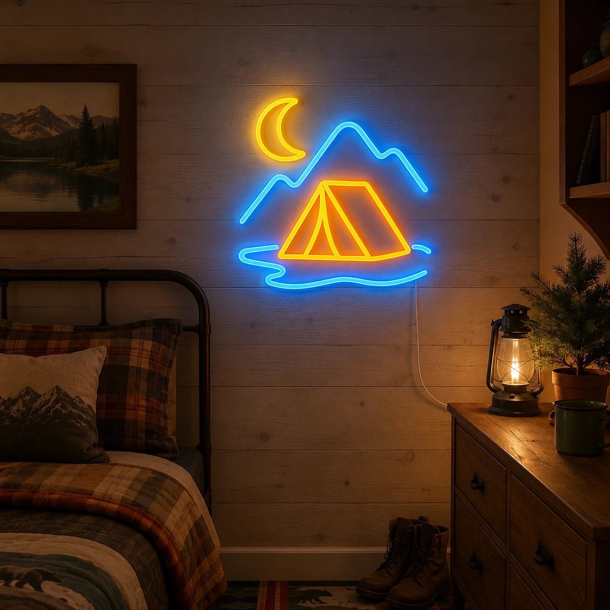 Tent Moon Mountains Lake LED Neon Sign - Shineneon