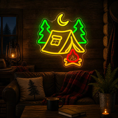 Tent Pine Trees Crescent Moon Campfire Vintage LED Neon Sign high-converting product image