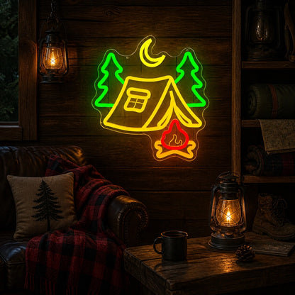 Tent Pine Trees Crescent Moon Campfire Vintage LED Neon Sign real lifestyle scene