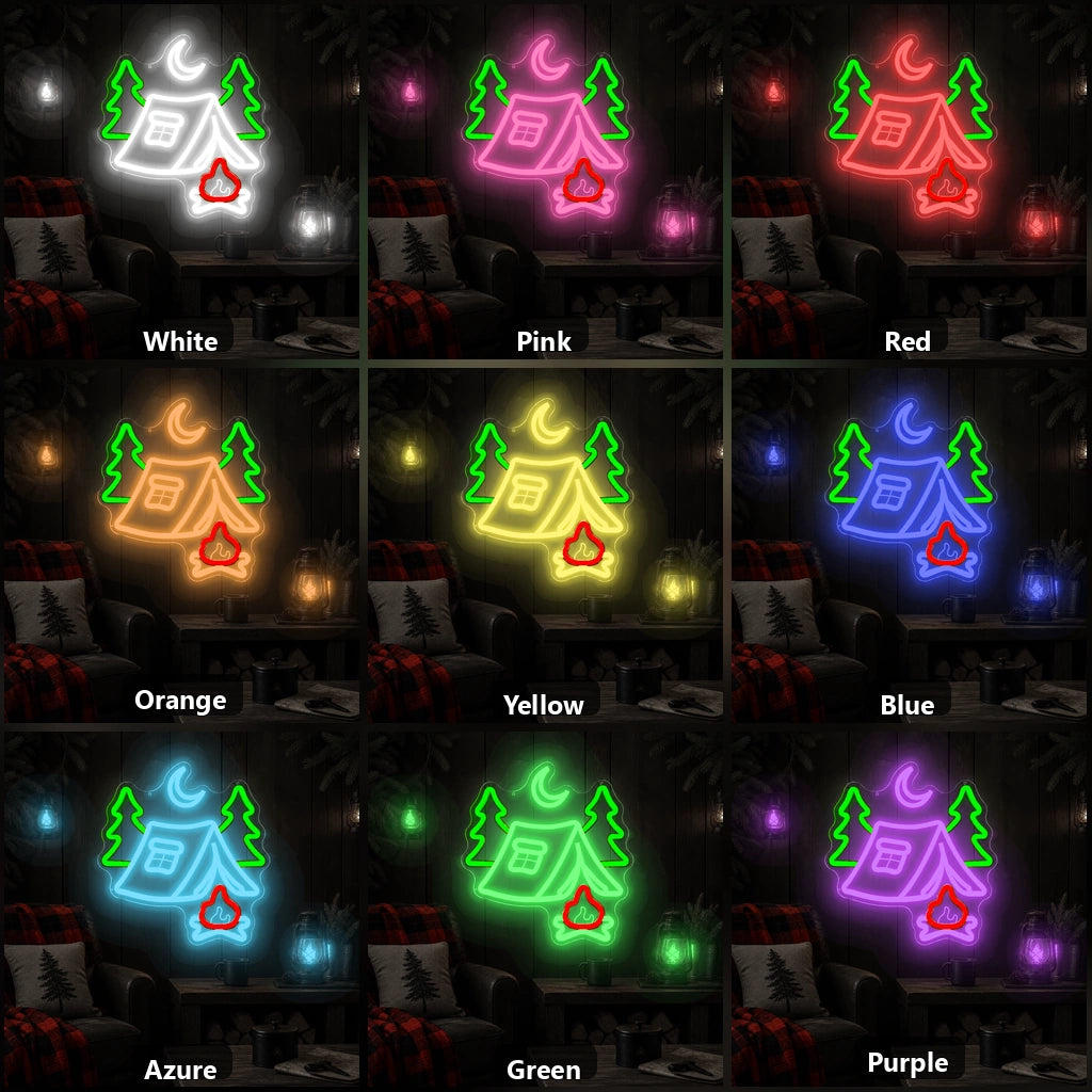 Tent Pine Trees Crescent Moon Campfire Vintage LED Neon Sign color grid