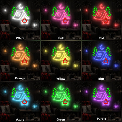 Tent Pine Trees Crescent Moon Campfire Vintage LED Neon Sign color grid