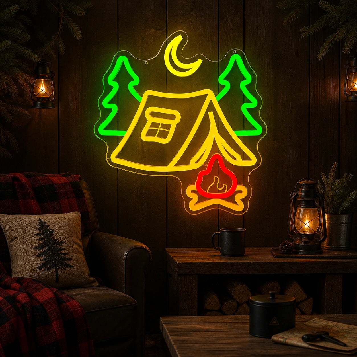 Tent Pine Trees Crescent Moon Campfire Vintage LED Neon Sign main product image