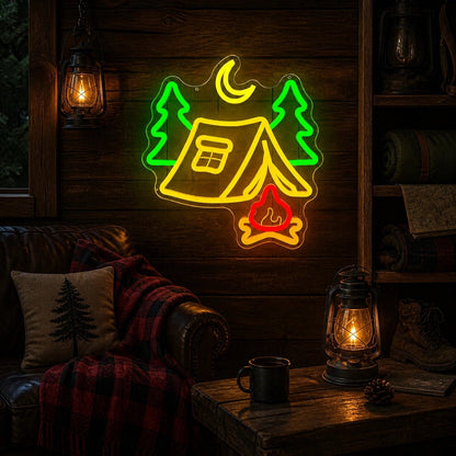 Tent Pine Trees Crescent Moon Campfire Vintage LED Neon Sign - Shineneon