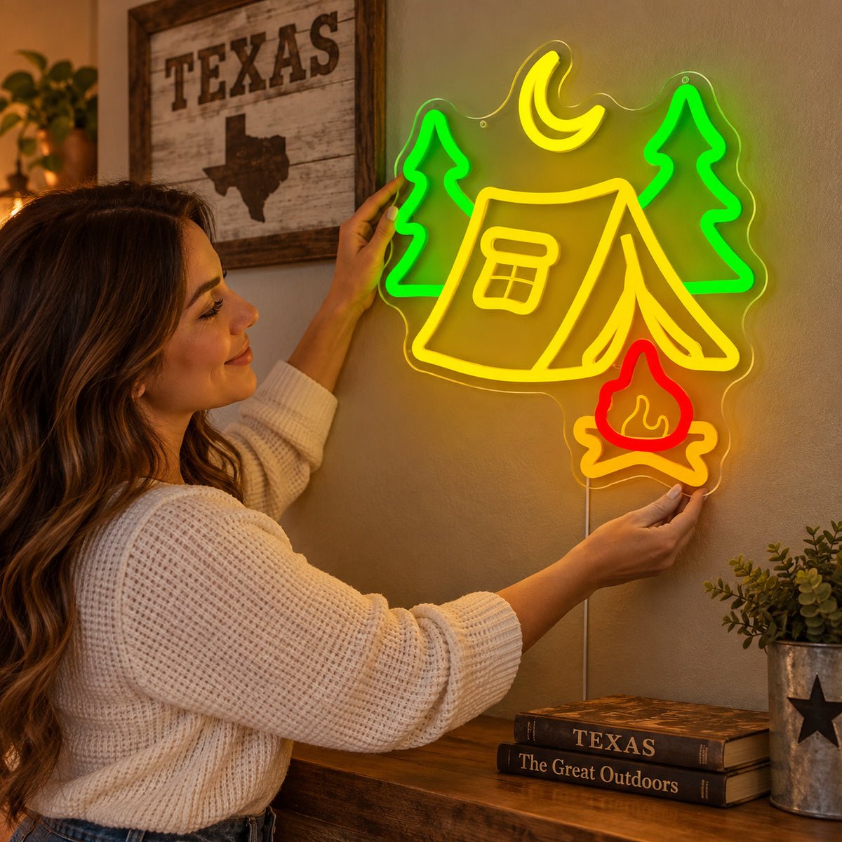 Tent Pine Trees Crescent Moon Campfire Vintage LED Neon Sign Garage Neon Sign - Shineneon