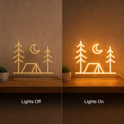 Tent Pine Trees Crescent Moon LED Neon Sign main product image