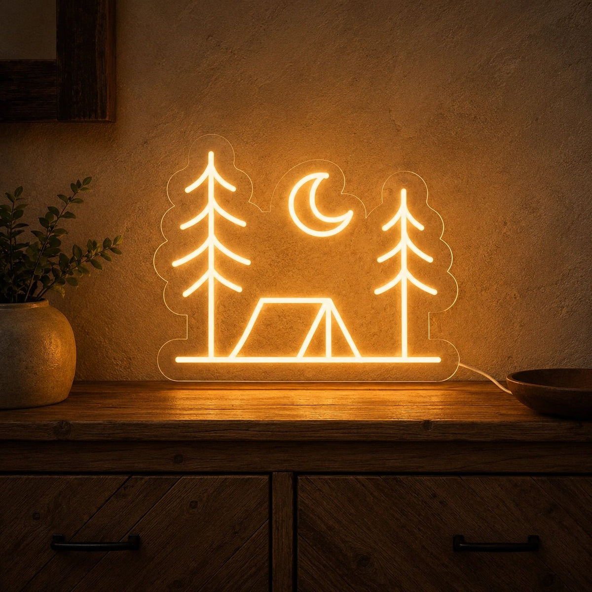Tent Pine Trees Crescent Moon LED Neon Sign - Shineneon