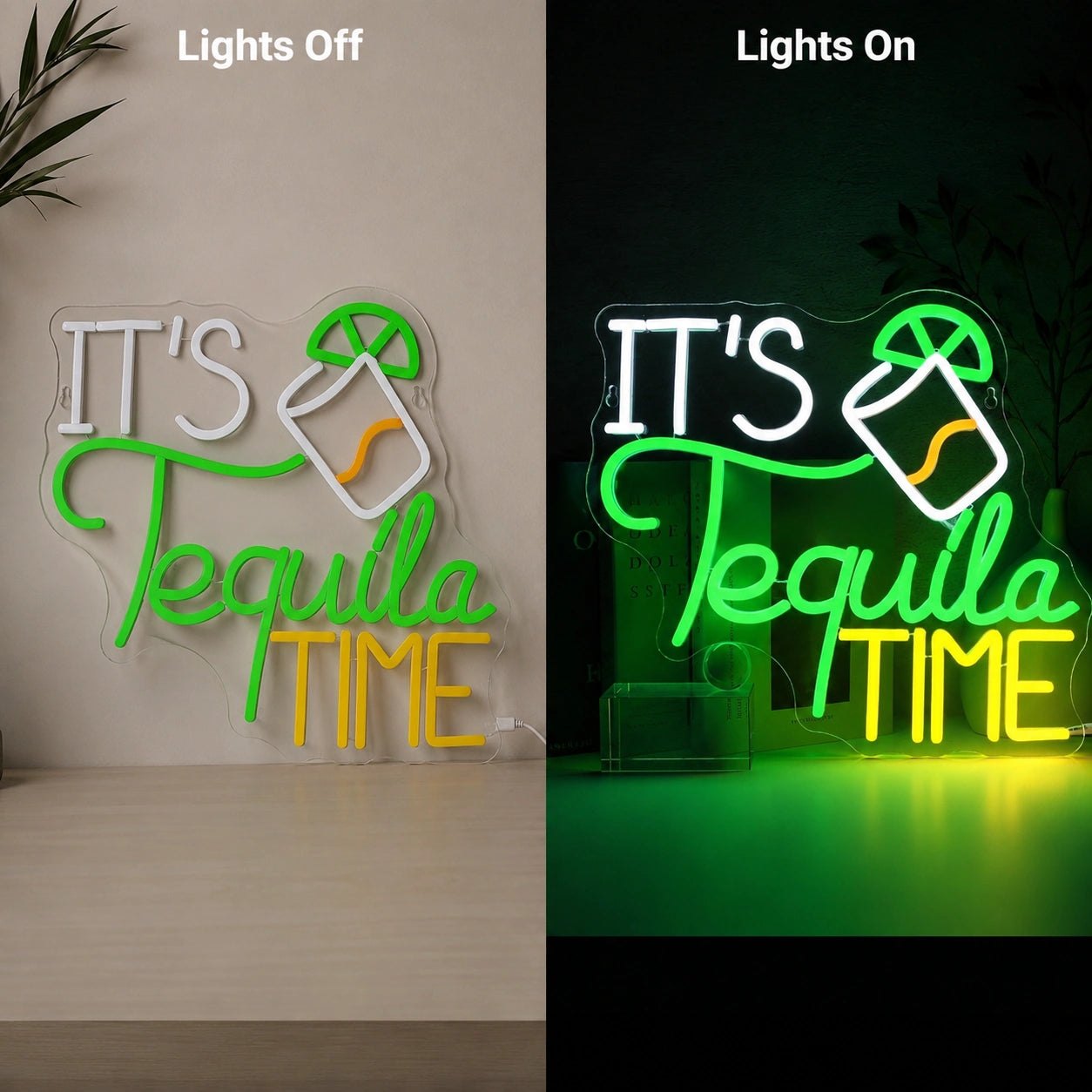 Tequila Time Neon Sign LED Neon Sign day and night comparison