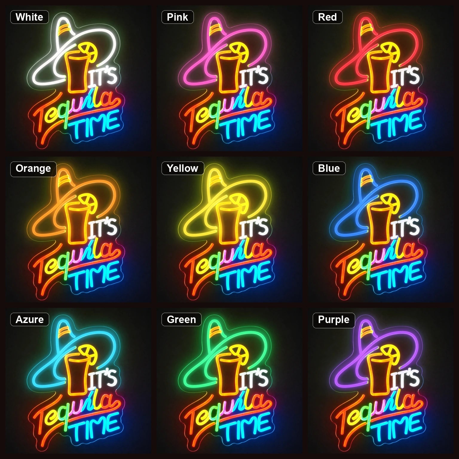 Tequila Time Straw Hat LED Neon Sign color grid