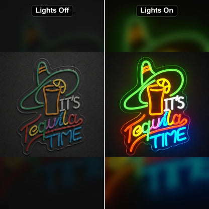 Tequila Time Straw Hat LED Neon Sign day and night comparison