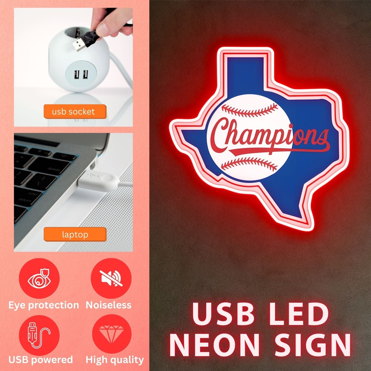 Texas USB LED Neon Signs Longhorn & Garage Baseball Wall Decor
