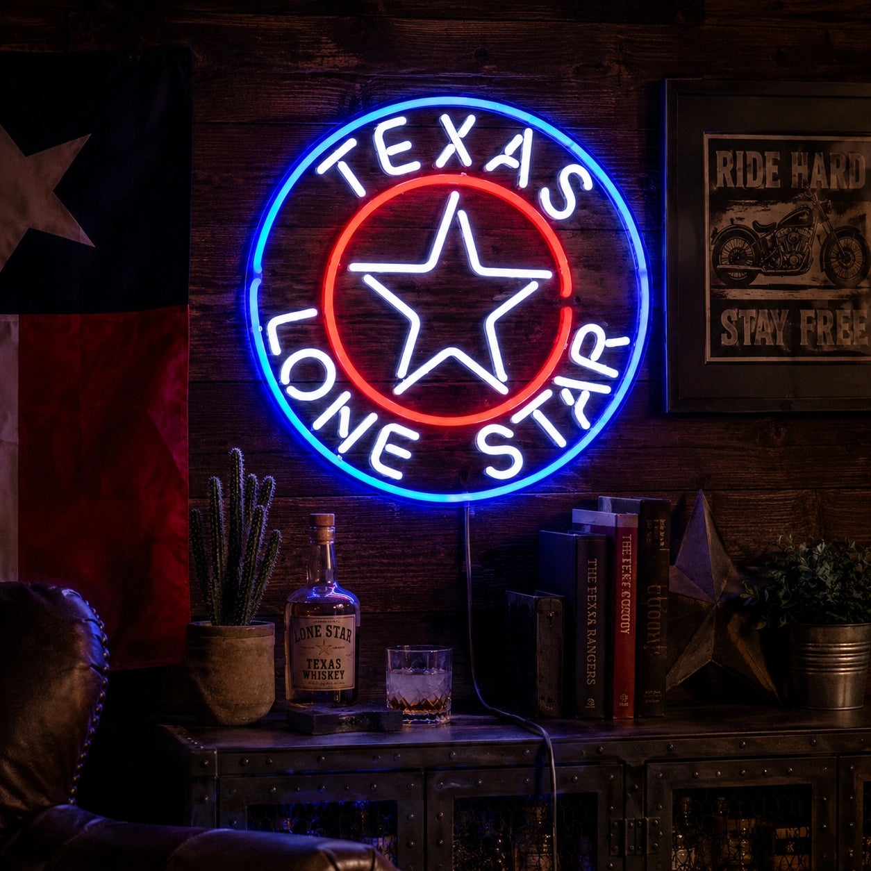 Texas Lone Star Circle Neon Sign LED Neon Sign real lifestyle scene
