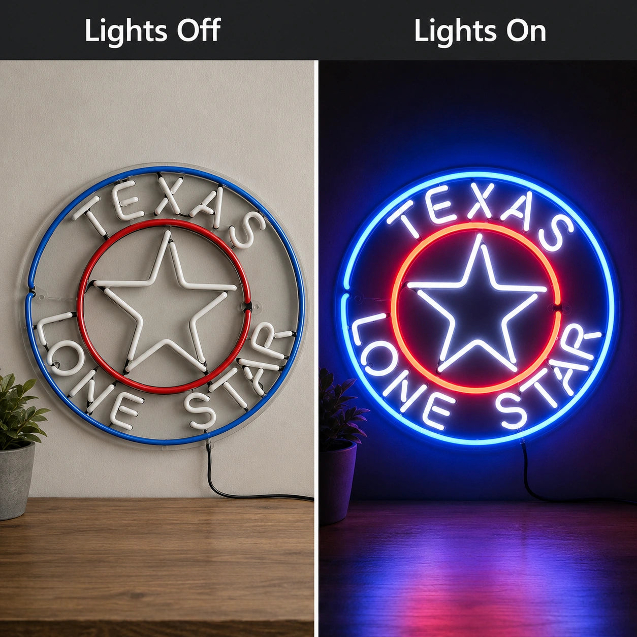 Texas Lone Star Circle Neon Sign LED Neon Sign day and night comparison